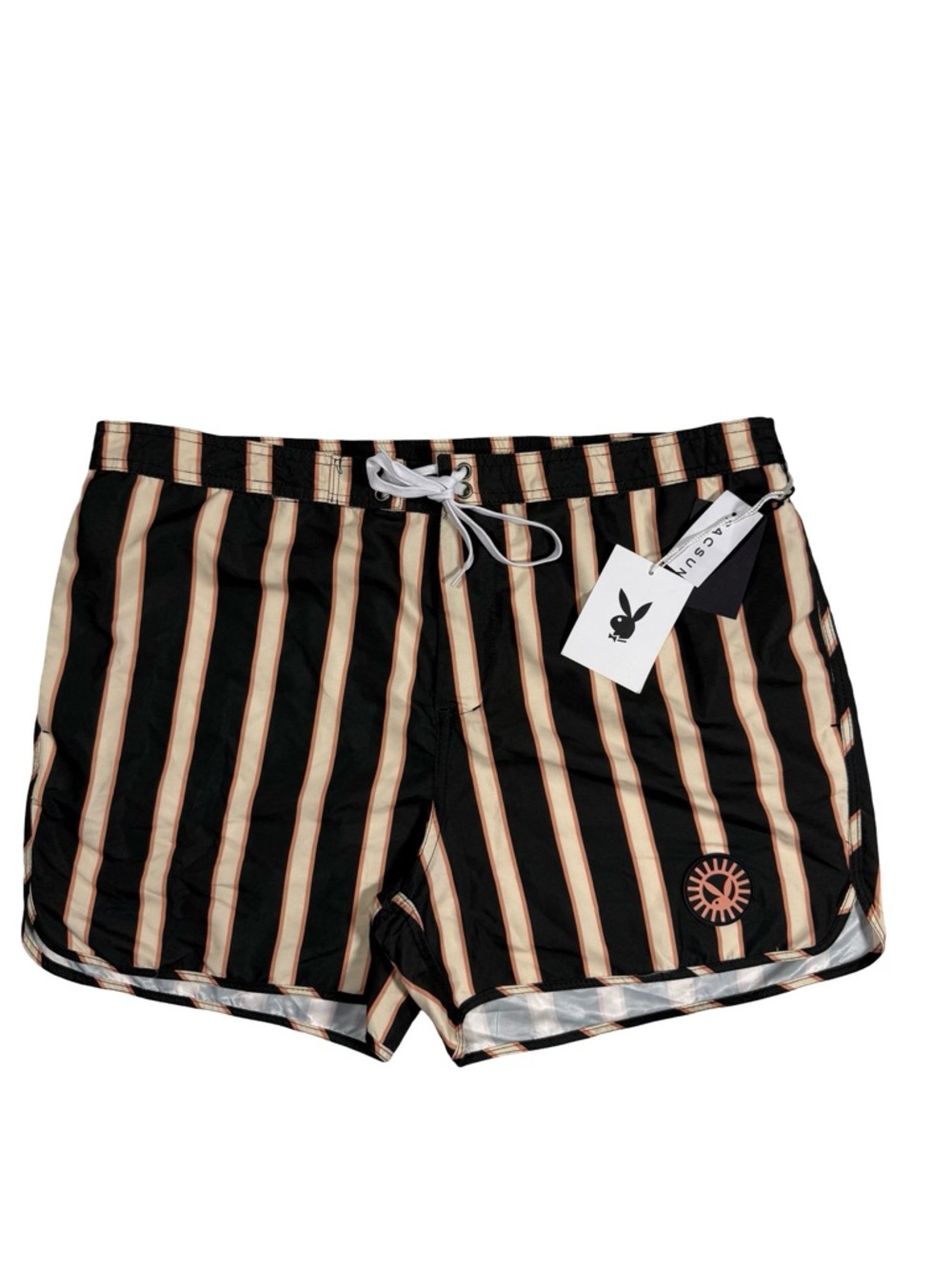 Playboy PacSun Board Shorts Mens XL Striped Black Tan Beach Summer Vacation NEW